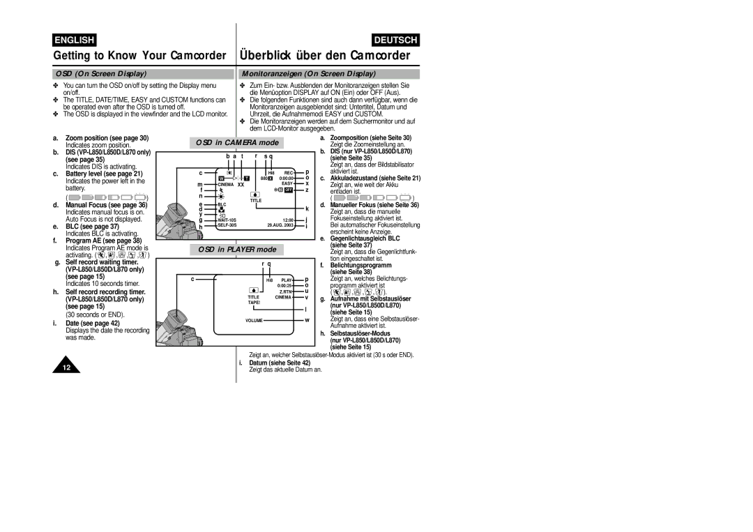 Samsung VP-L800/XEE manual OSD On Screen Display, Monitoranzeigen On Screen Display, OSD in Camera mode, OSD in Player mode 