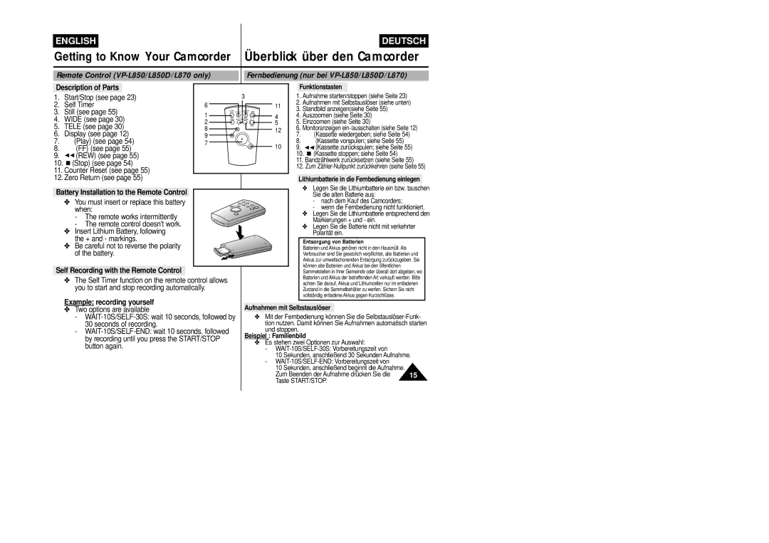 Samsung VP-L800/XEE manual Description of Parts, Battery Installation to the Remote Control, Example recording yourself 