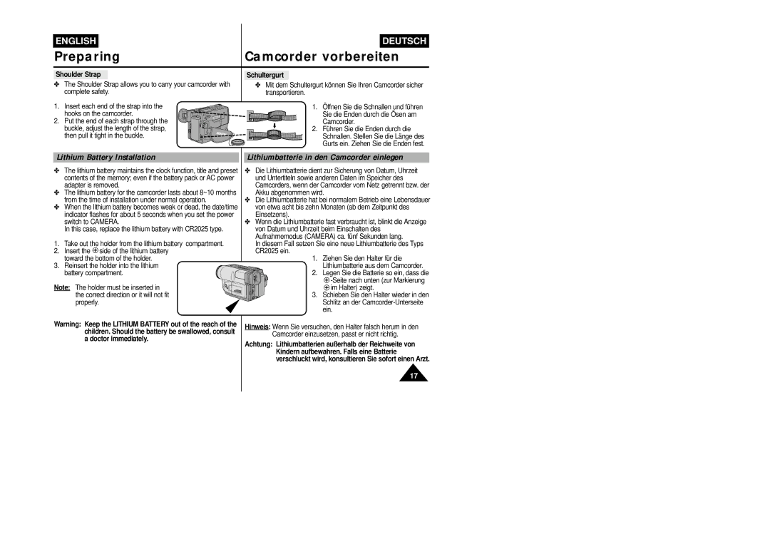 Samsung VP-L800/XEE manual Lithium Battery Installation, Shoulder Strap Schultergurt 