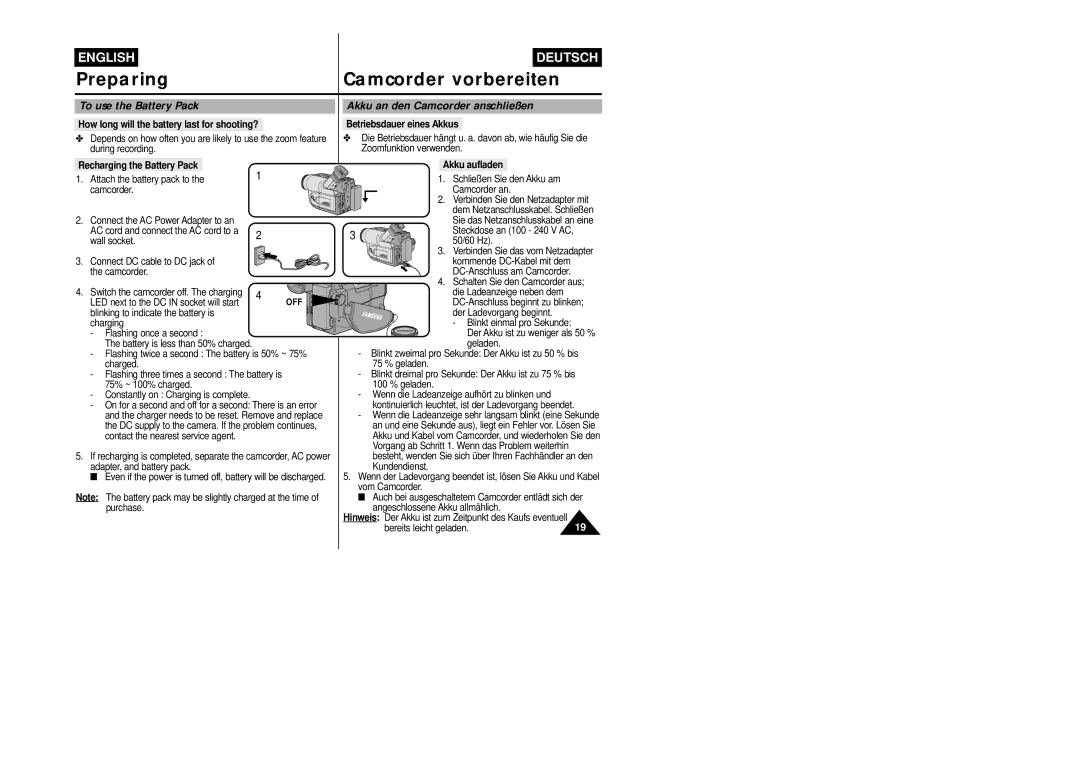 Samsung VP-L800/XEE manual To use the Battery Pack, Akku an den Camcorder anschließen 