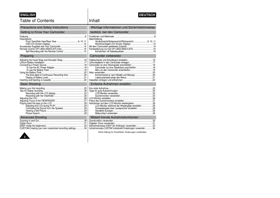 Samsung VP-L800/XEE manual Table of Contents Inhalt 