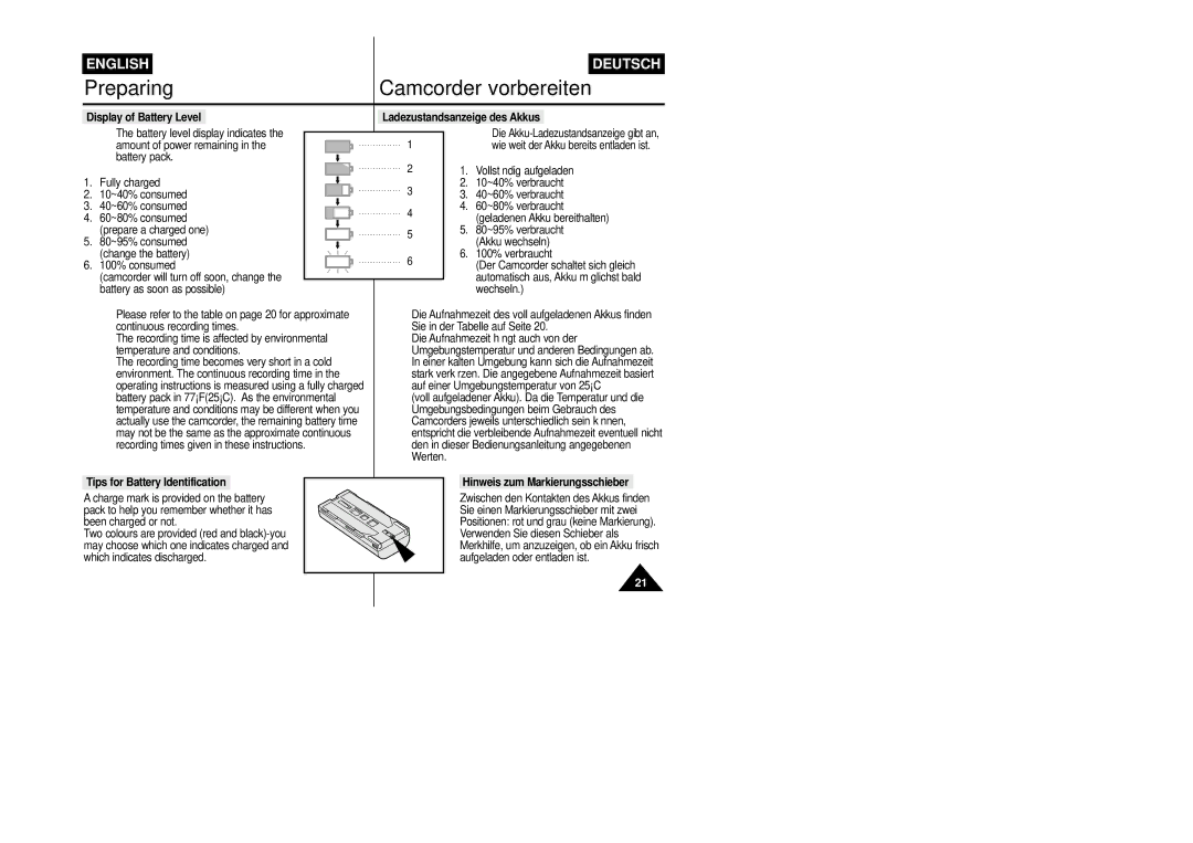 Samsung VP-L800/XEE manual Tips for Battery Identification, Hinweis zum Markierungsschieber 