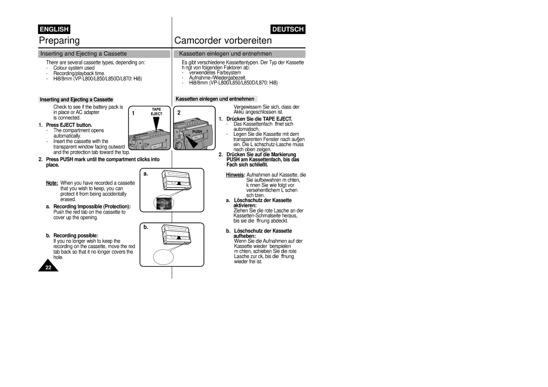 Samsung VP-L800/XEE manual Inserting and Ejecting a Cassette, Kassetten einlegen und entnehmen 