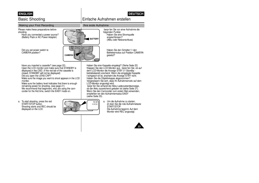 Samsung VP-L800/XEE manual Making your First Recording, Ihre erste Aufnahme 