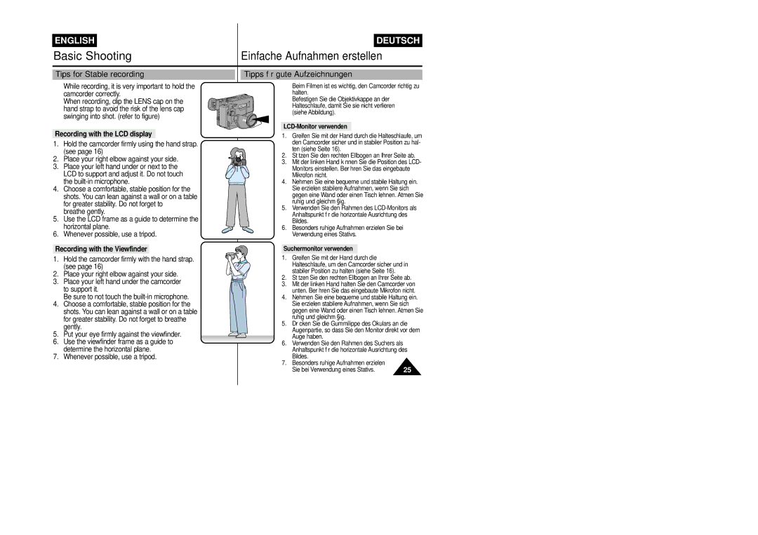 Samsung VP-L800/XEE manual Tips for Stable recording, Tipps für gute Aufzeichnungen, Recording with the LCD display 