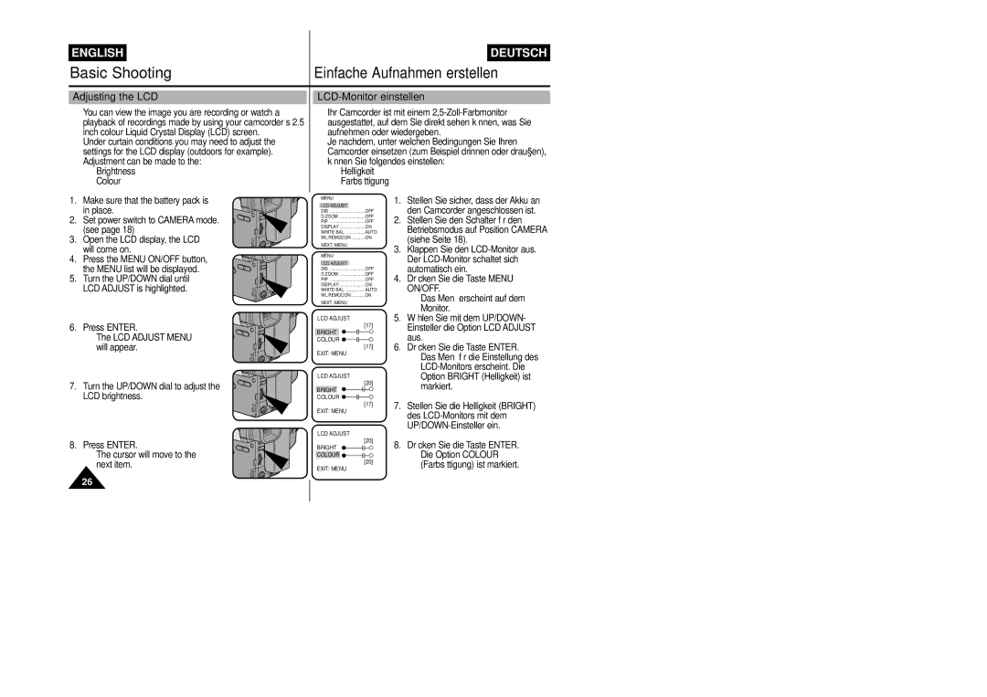 Samsung VP-L800/XEE manual Adjusting the LCD, LCD-Monitor einstellen 