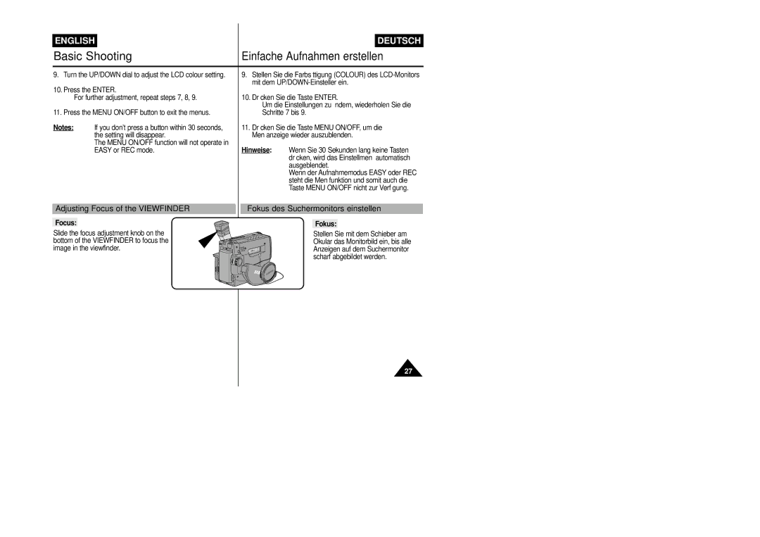 Samsung VP-L800/XEE manual Adjusting Focus of the Viewfinder, Fokus des Suchermonitors einstellen 