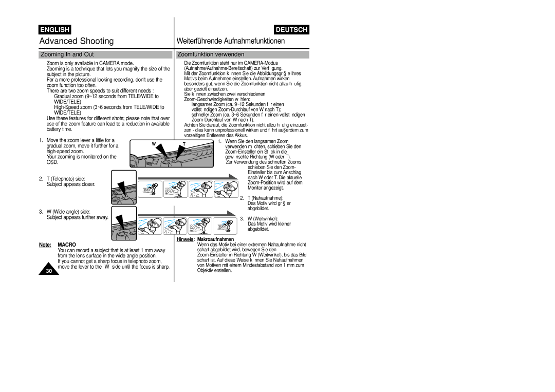 Samsung VP-L800/XEE manual Zooming In and Out, Zoomfunktion verwenden, Hinweis Makroaufnahmen 