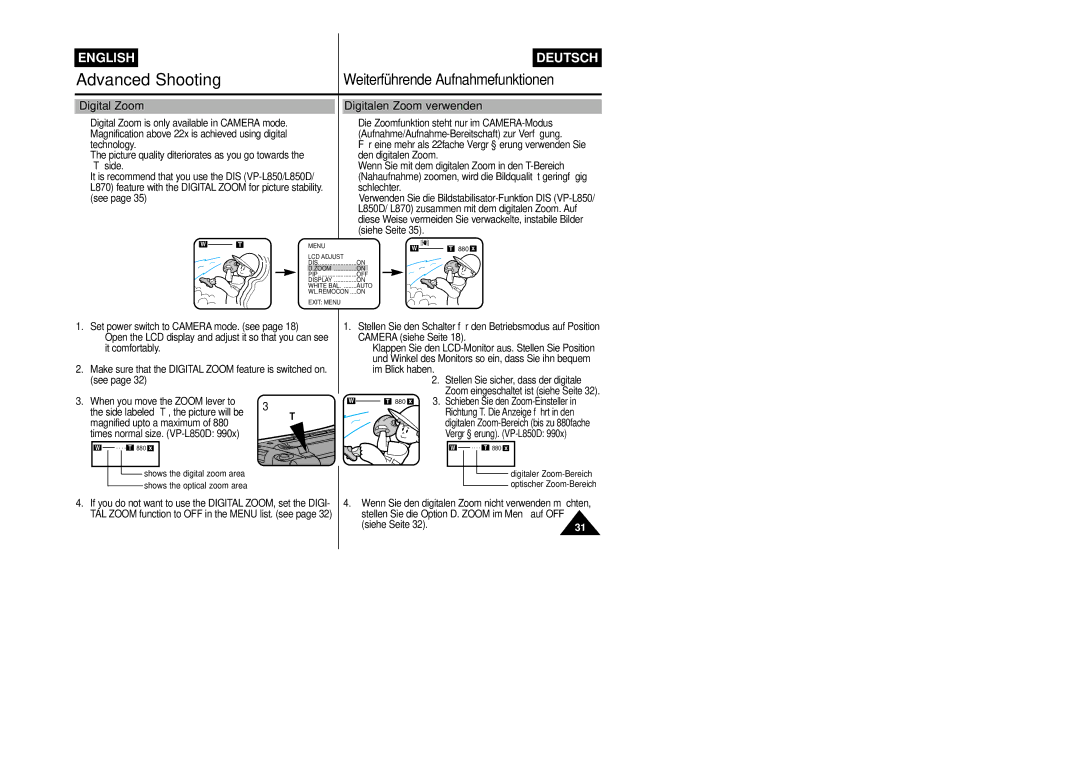 Samsung VP-L800/XEE manual Digital Zoom, Digitalen Zoom verwenden, Magnified upto a maximum, Times normal size. VP-L850D 