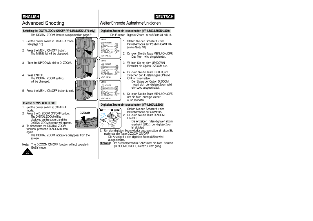 Samsung VP-L800/XEE manual Digitalen Zoom ein-/ausschalten VP-L850/L850D/L870, Case of VP-L800U/L800 