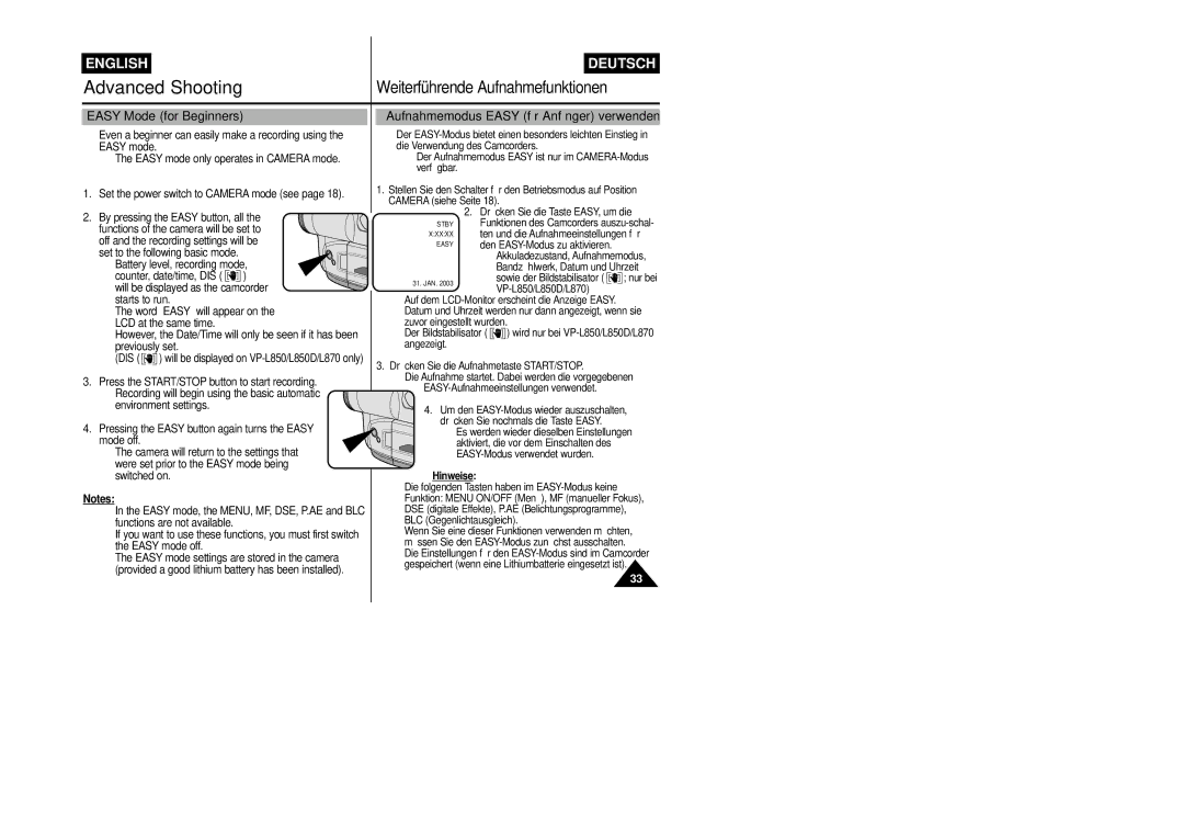 Samsung VP-L800/XEE manual Easy Mode for Beginners, Aufnahmemodus Easy für Anfänger verwenden, Sowie der Bildstabilisator 