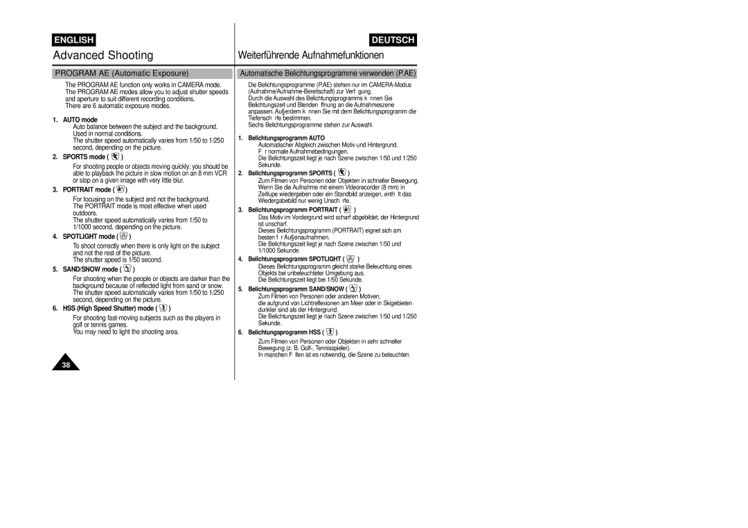 Samsung VP-L800/XEE manual Program AE Automatic Exposure 