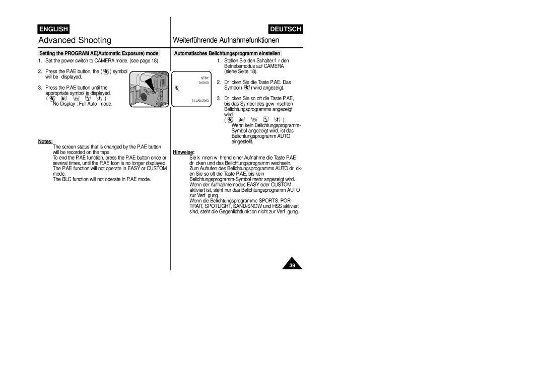 Samsung VP-L800/XEE Setting the Program AEAutomatic Exposure mode, Automatisches Belichtungsprogramm einstellen, Wird 