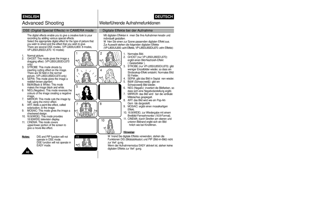 Samsung VP-L800/XEE manual DSE Digital Special Effects in Camera mode, Digitale Effekte bei der Aufnahme 