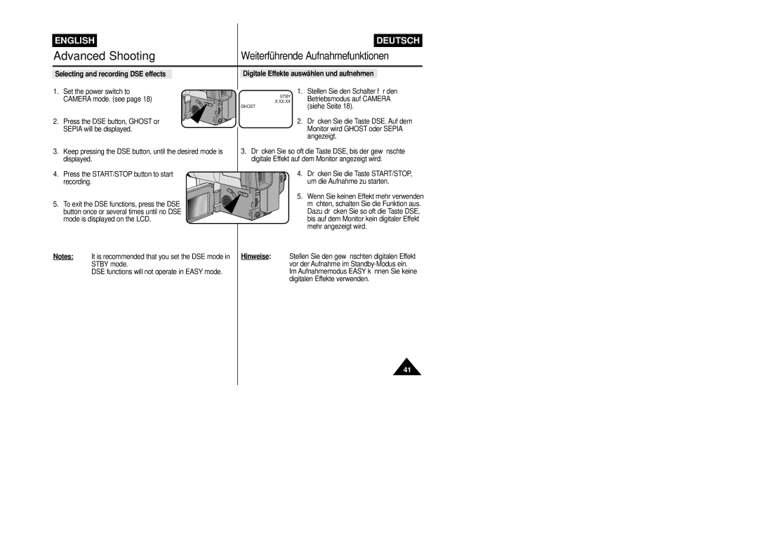 Samsung VP-L800/XEE manual Press the DSE button, Ghost or Sepia will be displayed, Set the power switch to Camera mode. see 