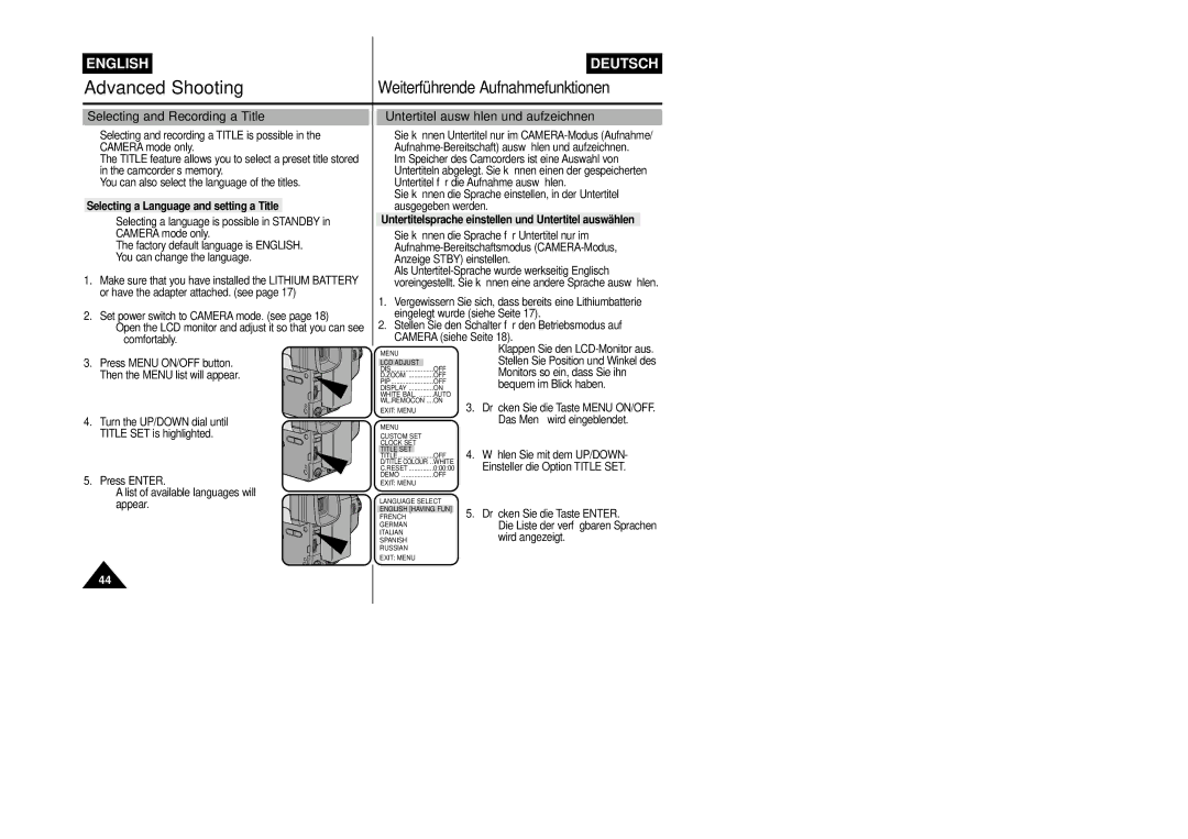 Samsung VP-L800/XEE manual Selecting and Recording a Title, Untertitel auswählen und aufzeichnen 