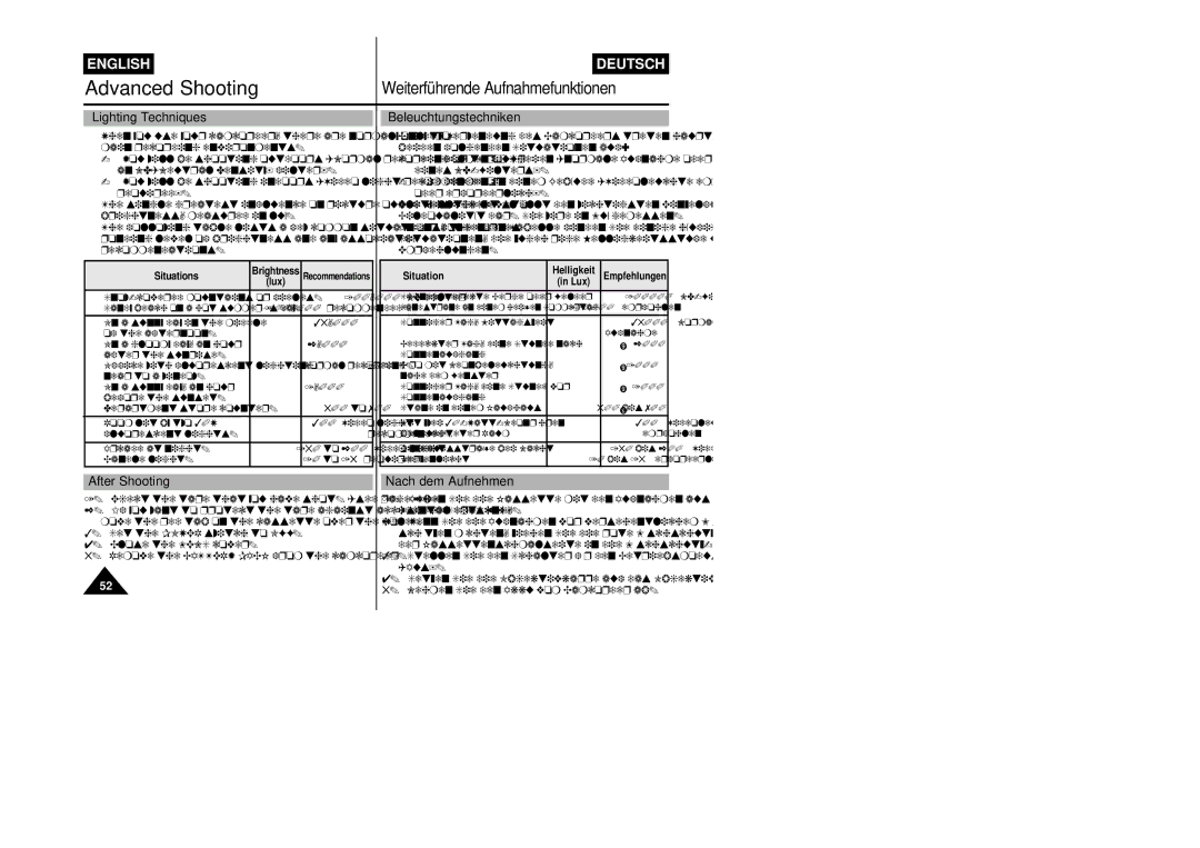 Samsung VP-L800/XEE manual Lighting Techniques, Beleuchtungstechniken, After Shooting, Nach dem Aufnehmen 