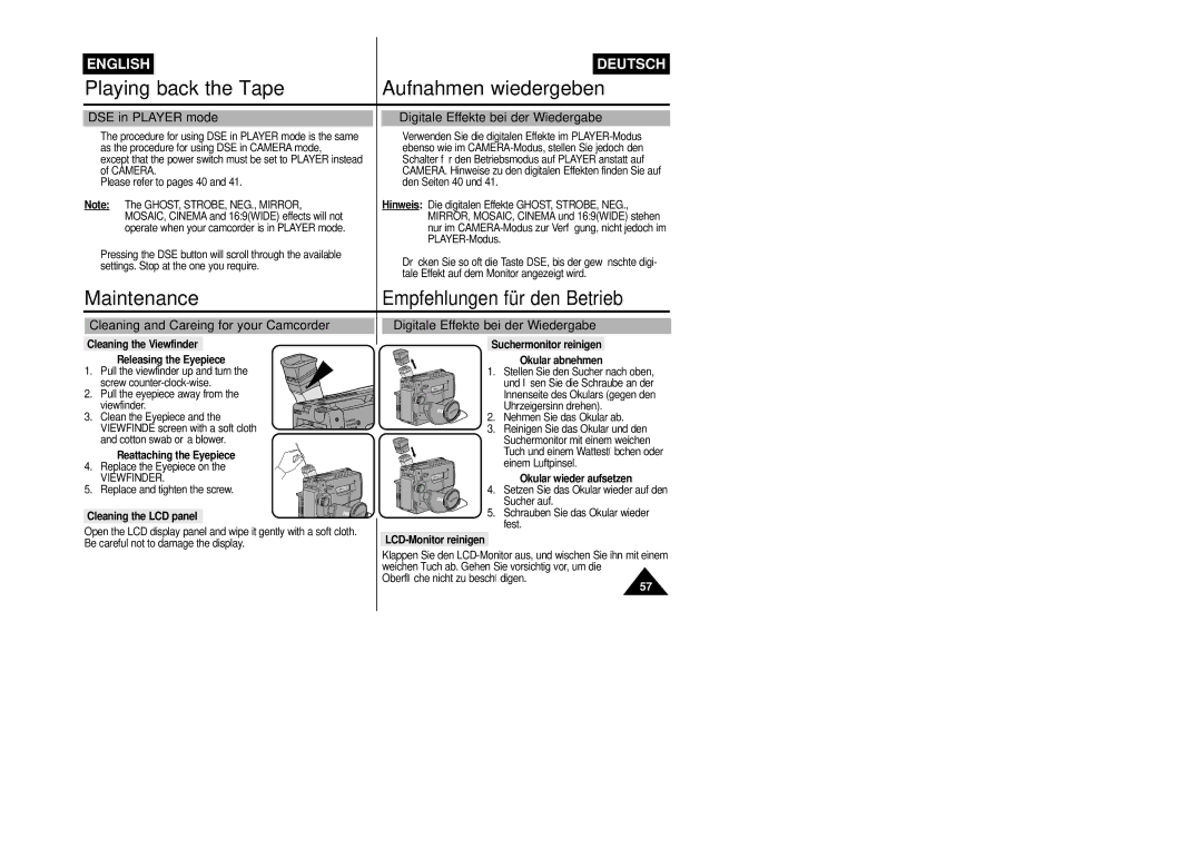 Samsung VP-L800/XEE manual DSE in Player mode Digitale Effekte bei der Wiedergabe, Cleaning and Careing for your Camcorder 