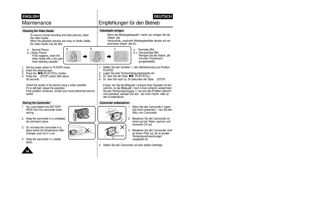 Samsung VP-L800/XEE manual Cleaning the Video Heads, Videoköpfe reinigen, Storing the Camcorder 