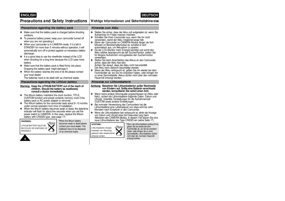 Samsung VP-L800/XEE Precautions regarding the battery pack, Hinweise zum Akku, Precautions regarding the Lithium battery 