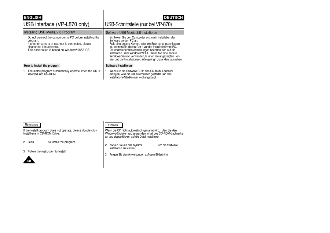 Samsung VP-L800/XEE manual How to install the program, Software installieren, Hinweis, Klicken Sie auf das Symbol 