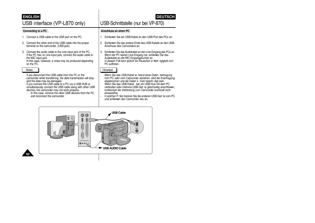 Samsung VP-L800/XEE Connecting to a PC, Anschluss an einen PC, Connect the audio cable to the Line input jack of the PC 