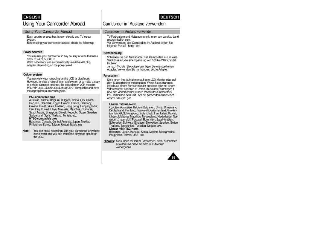 Samsung VP-L800/XEE manual Using Your Camcorder Abroad 