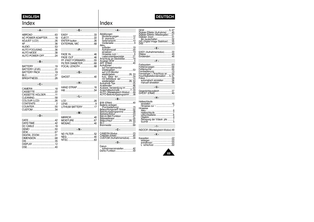 Samsung VP-L800/XEE manual IndexIndex 