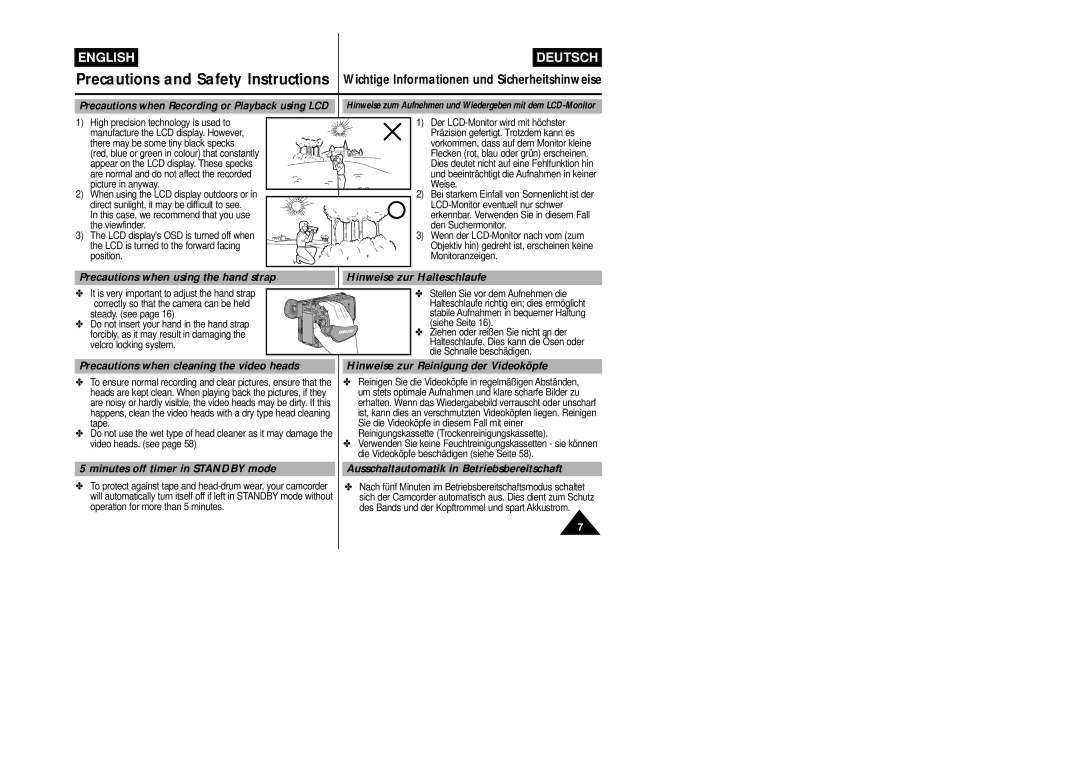 Samsung VP-L800/XEE Precautions when using the hand strap, Hinweise zur Halteschlaufe, Minutes off timer in Standby mode 