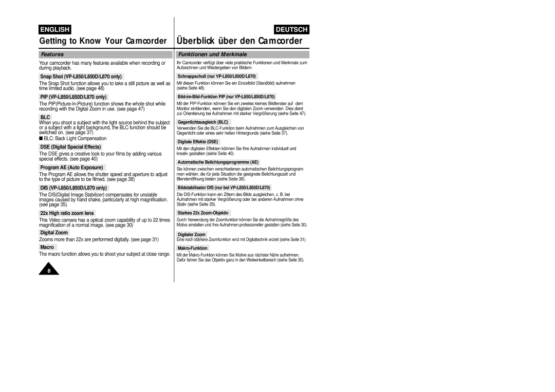 Samsung VP-L800/XEE manual Features, Funktionen und Merkmale, Blc 