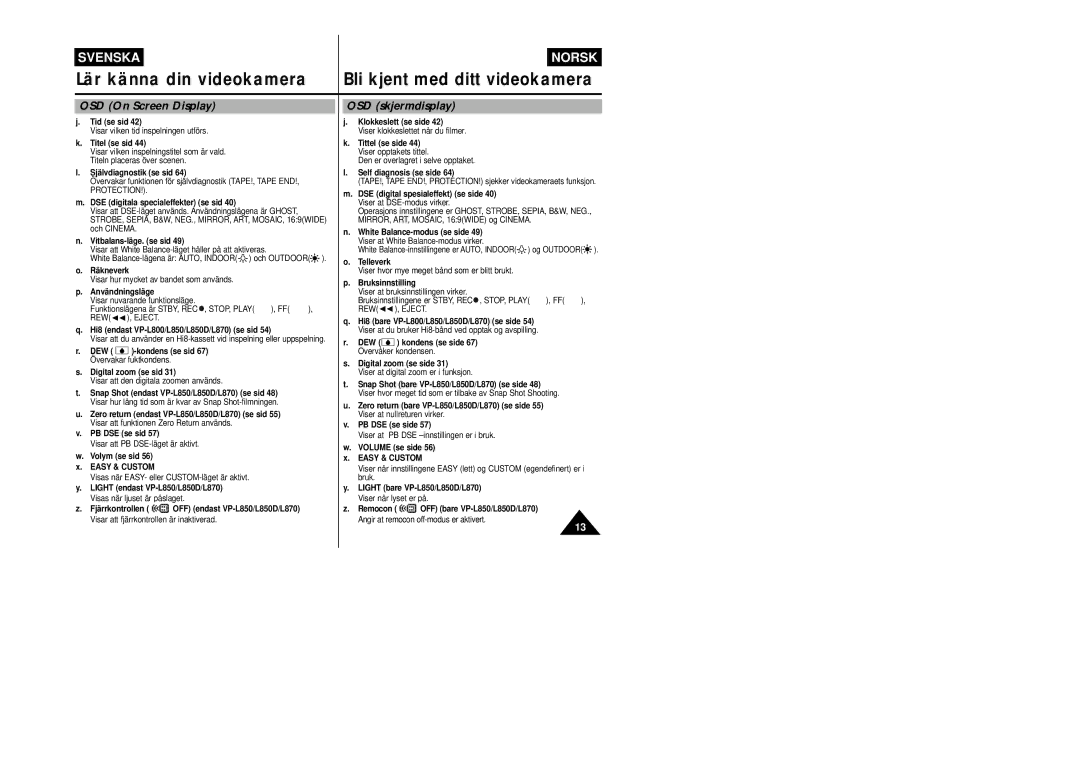 Samsung VP-L800/XEE manual OSD On Screen Display OSD skjermdisplay 