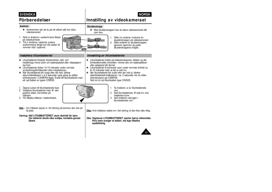 Samsung VP-L800/XEE manual Installera litiumbatteriet, Innsetting av litiumbatteriet, Axelrem Skulderstropp 