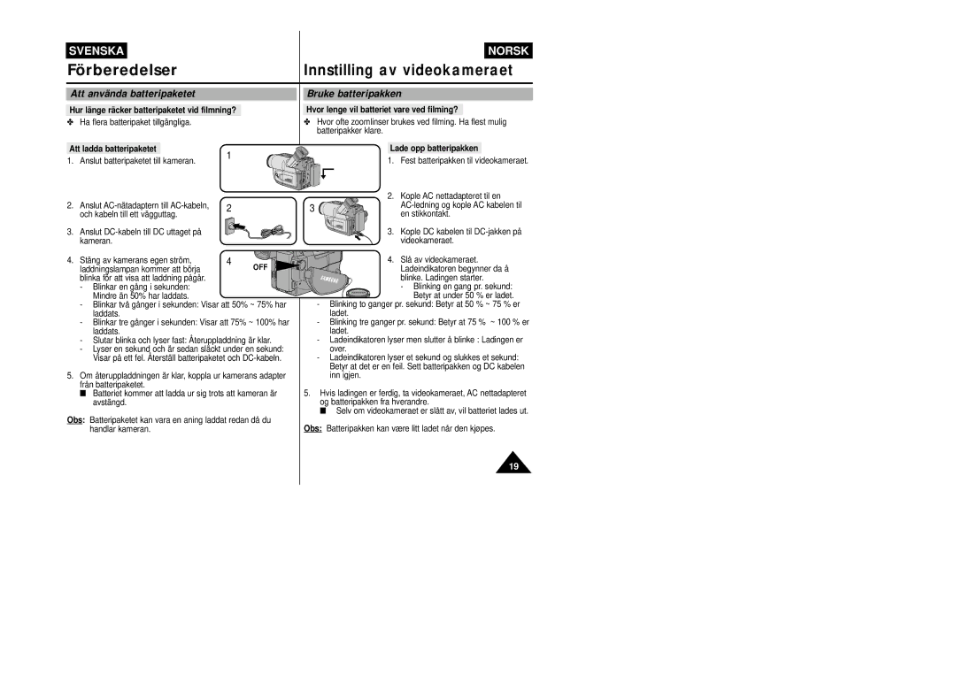 Samsung VP-L800/XEE manual Att använda batteripaketet, Bruke batteripakken 