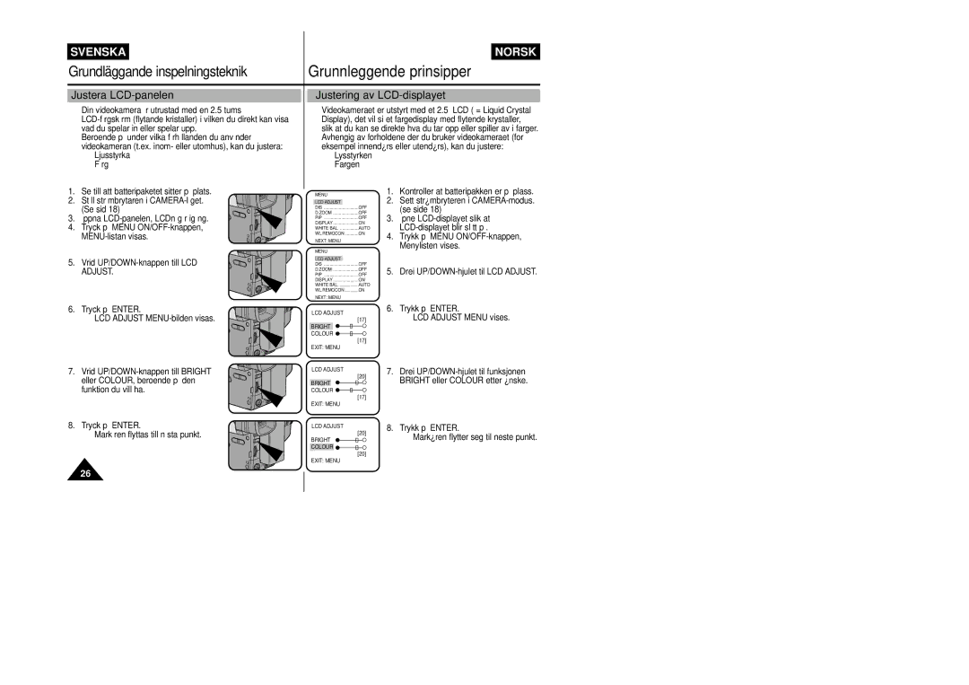 Samsung VP-L800/XEE manual Justera LCD-panelen, Justering av LCD-displayet, Ljusstyrka Färg 