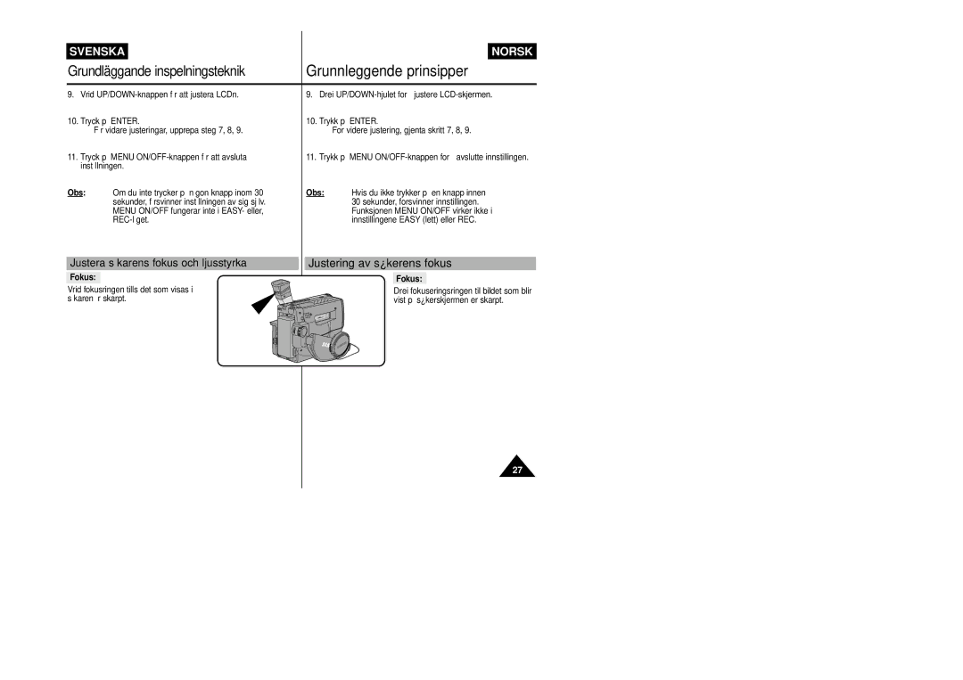 Samsung VP-L800/XEE manual Justera sökarens fokus och ljusstyrka, Justering av søkerens fokus, Obs, Fokus 