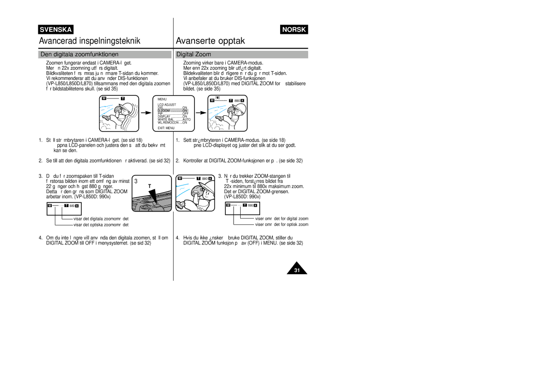 Samsung VP-L800/XEE manual Den digitala zoomfunktionen Digital Zoom 