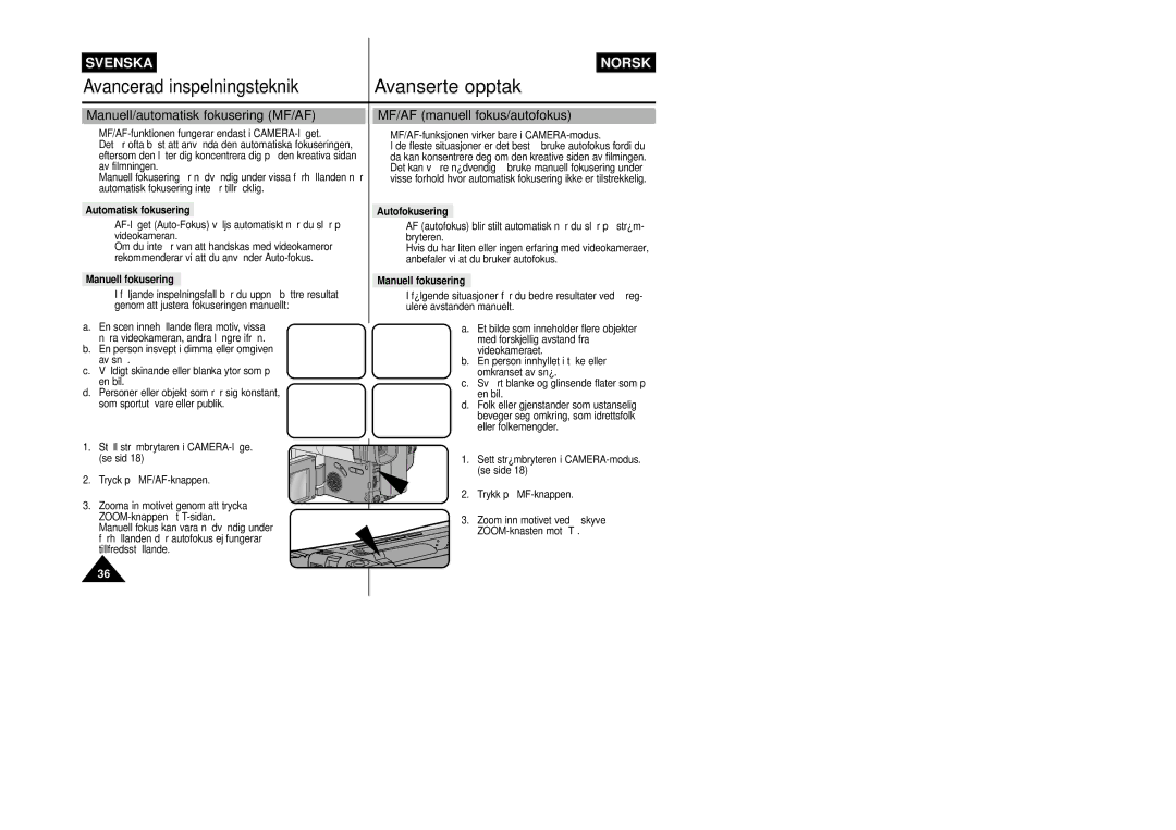 Samsung VP-L800/XEE manual Automatisk fokusering, Manuell fokusering, Autofokusering 