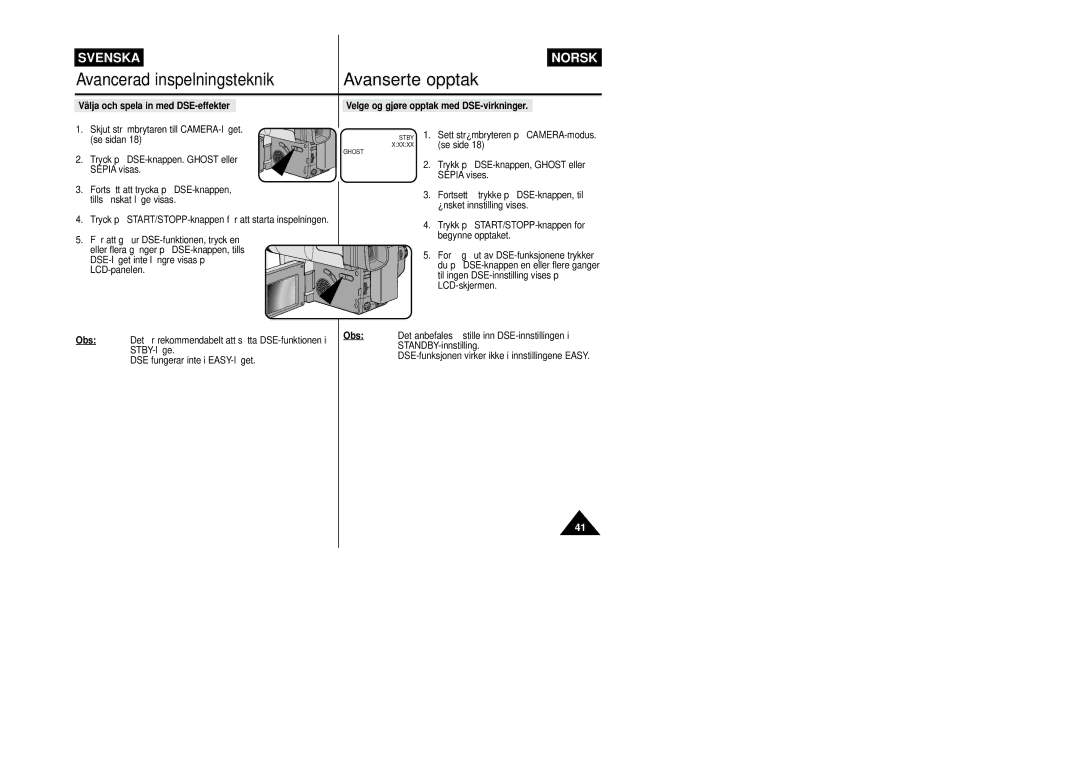 Samsung VP-L800/XEE manual Det är rekommendabelt att sätta DSE-funktionen, Det anbefales å stille inn DSE-innstillingen 