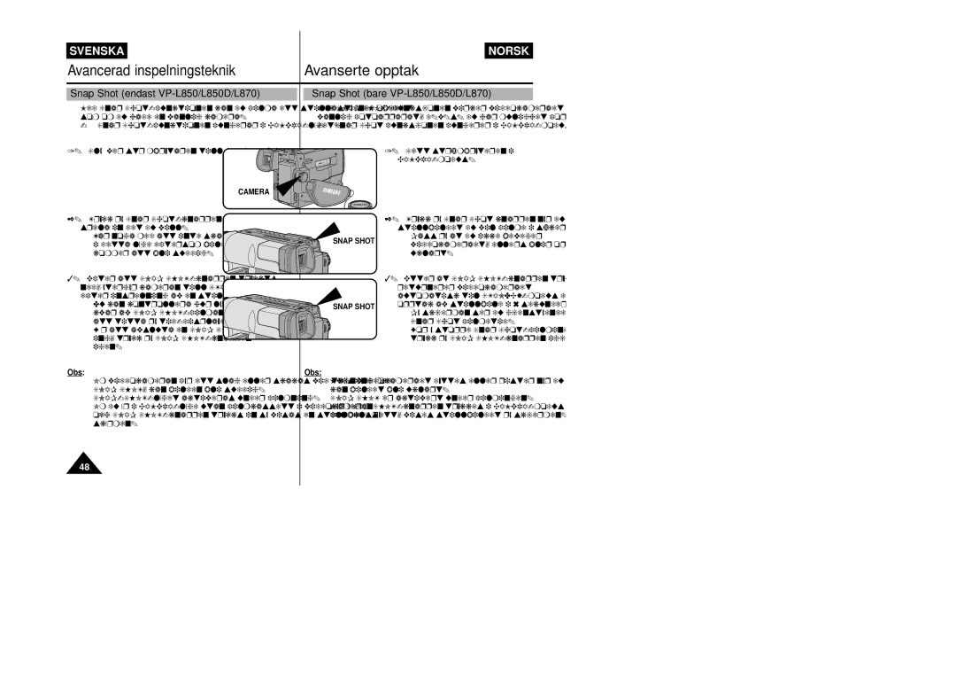 Samsung VP-L800/XEE manual Snap Shot endast VP-L850/L850D/L870, Snap Shot bare VP-L850/L850D/L870 