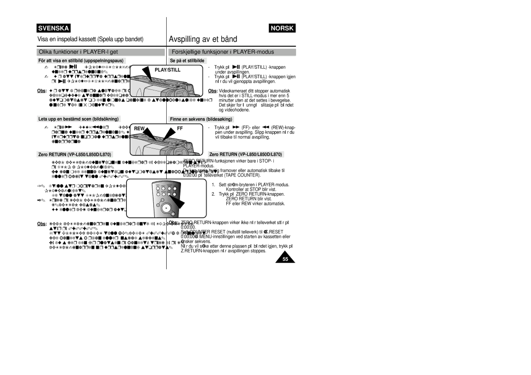 Samsung VP-L800/XEE manual Olika funktioner i PLAYER-läget, För att visa en stillbild uppspelningspaus 