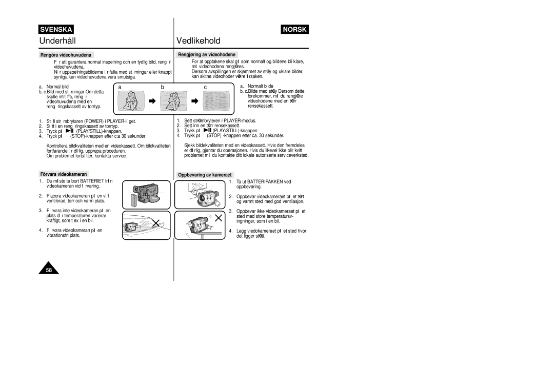 Samsung VP-L800/XEE manual Rengöra videohuvudena Rengjøring av videohodene, Förvara videokameran 