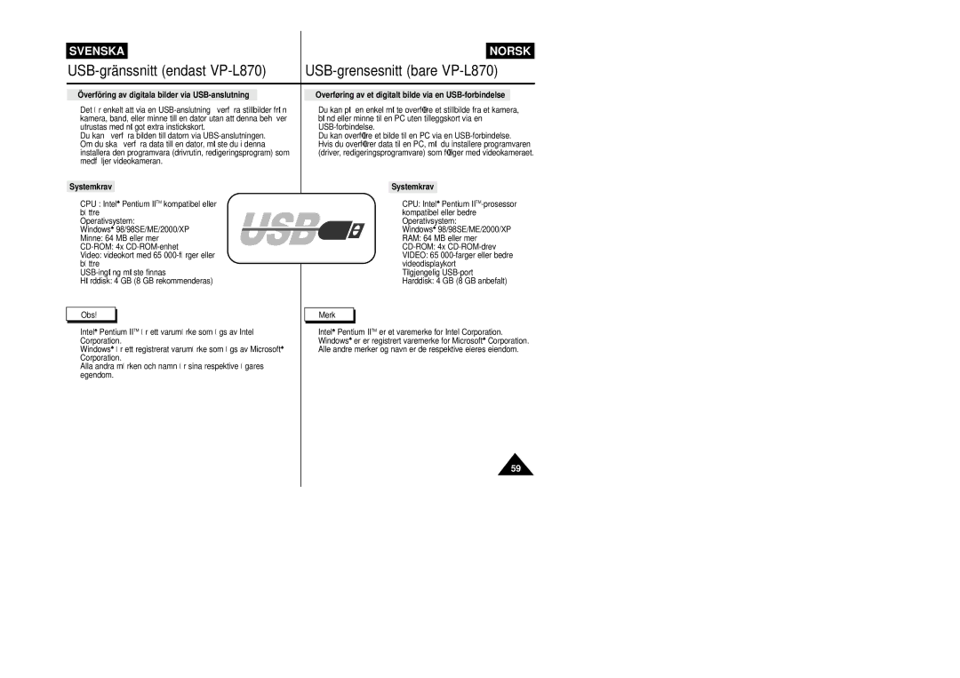 Samsung VP-L800/XEE manual Överföring av digitala bilder via USB-anslutning, Systemkrav 