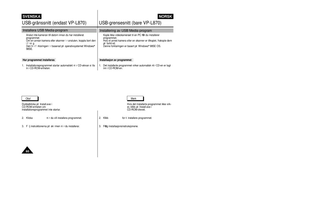 Samsung VP-L800/XEE manual Installera USB Media-program, Installering av USB Media-program, Hur programmet installeras 