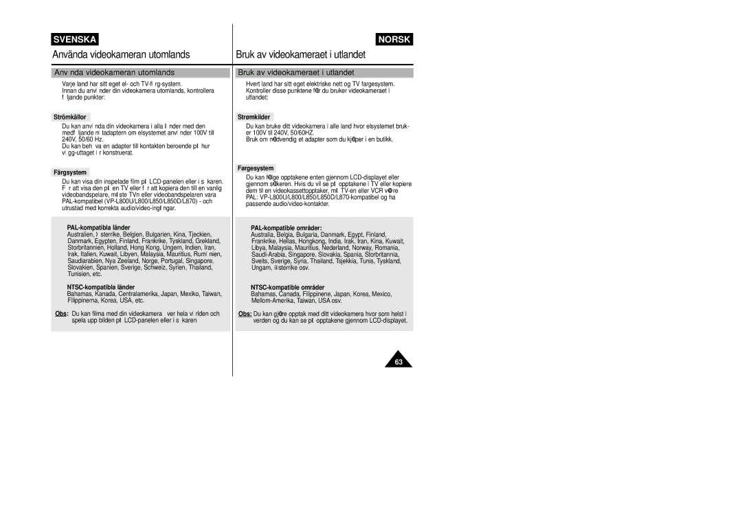 Samsung VP-L800/XEE manual Använda videokameran utomlands, Bruk av videokameraet i utlandet 