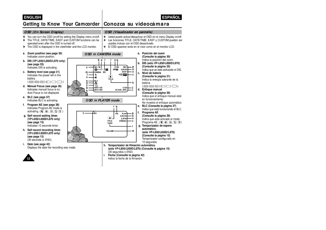 Samsung VP-L800/XEE manual OSD On Screen Display, OSD Visualizador en pantalla 