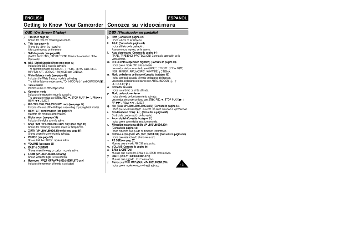 Samsung VP-L800/XEE manual OSD On Screen Display OSD Visualizador en pantalla, Outdoor 