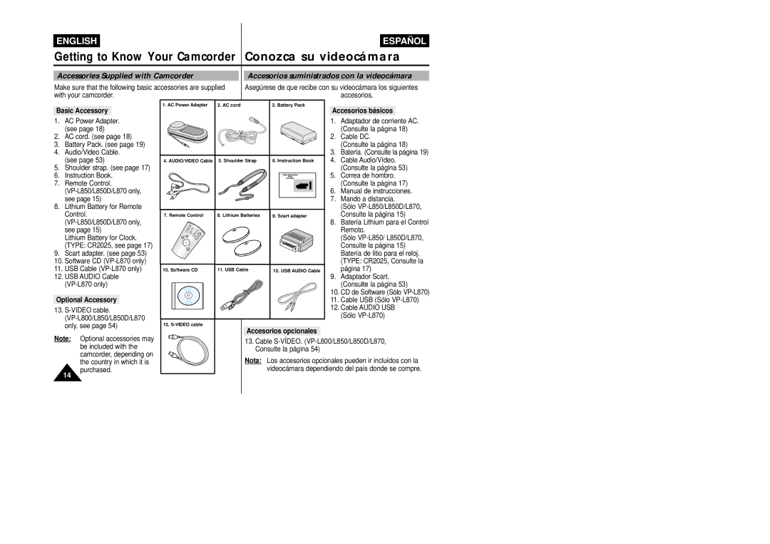 Samsung VP-L800/XEE manual Basic Accessory, Optional Accessory, Accesorios básicos, Accesorios opcionales 