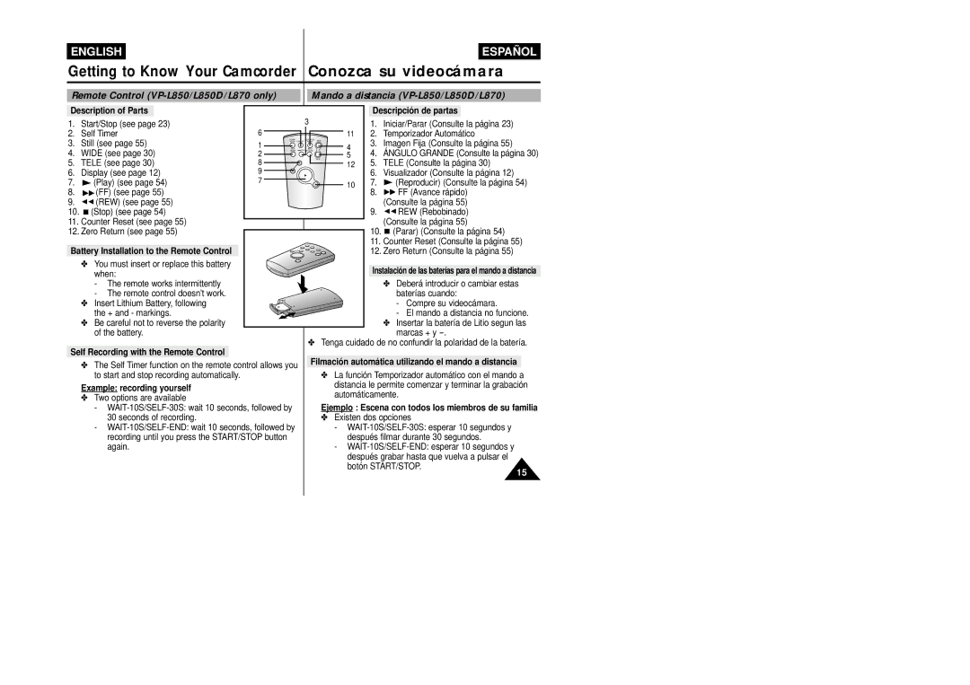 Samsung VP-L800/XEE manual Remote Control VP-L850/L850D/L870 only 