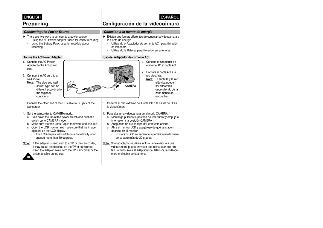 Samsung VP-L800/XEE manual Connecting the Power Source Conexión a la fuente de energía, To use the AC Power Adapter 