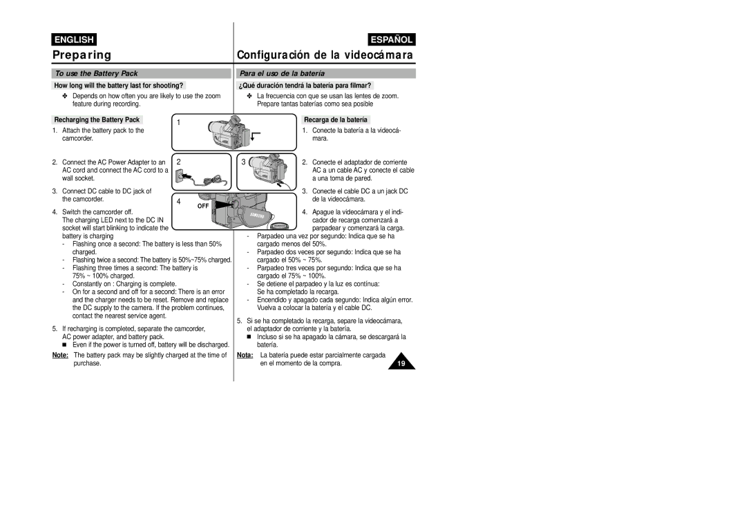 Samsung VP-L800/XEE To use the Battery Pack Para el uso de la batería, Recharging the Battery Pack, Recarga de la batería 